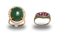 2 14K Gold Rings, Jadeite & Pink Sapphire