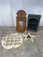 Wood hanging shelf, metal mirror with