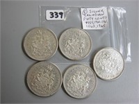 5 Canadian Silver Fifty Cents Coins