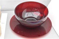 Ruby Red Glass Round Platter & Bowl