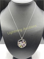 STERLING SILVER GEMSTONE FLORAL PENDANT NECKLACE