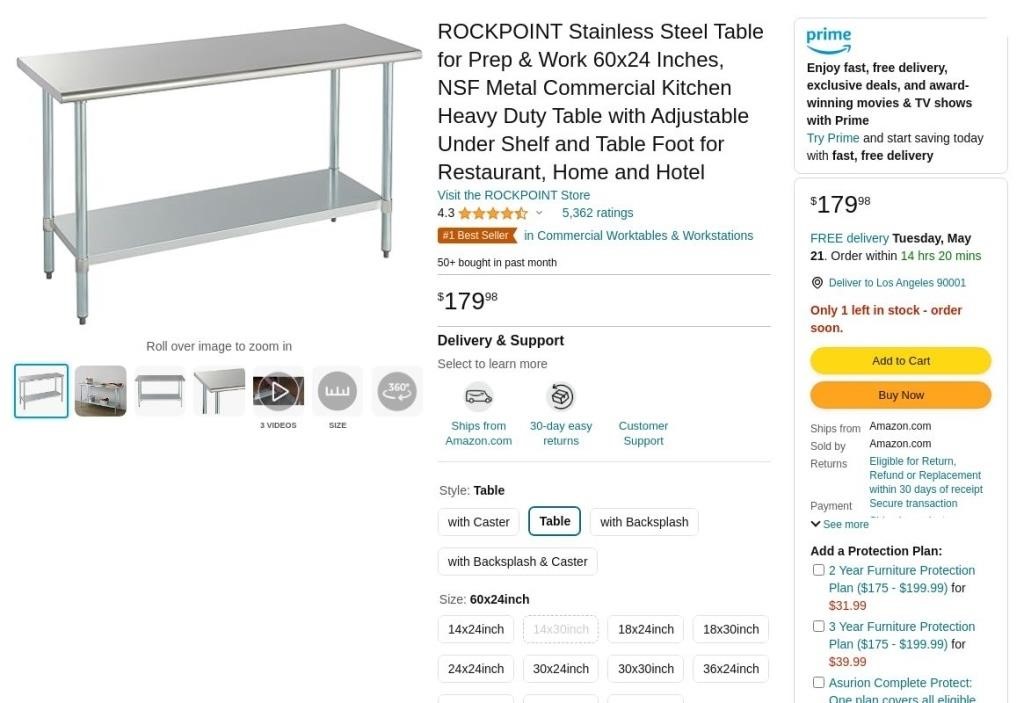 B7629  ROCKPOINT 60x24 Stainless Steel Table, Adj.