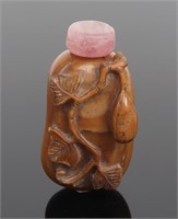 Chinese Wood Carved Snuff Bottle w/ Rock Quartz St