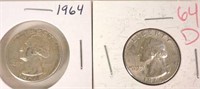 1964 & 1964 D Washington Silver Quarters