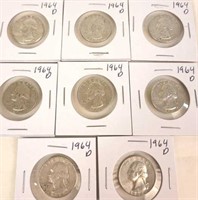 8 - 1964 D Washington Silver Quarters