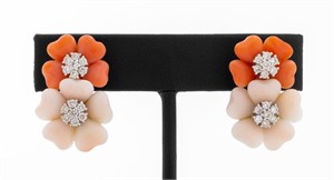 18K White Gold Coral Diamond Floral Earrings