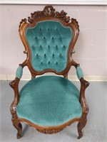 Antique Hand Carved Victorian Green Velvet Chair