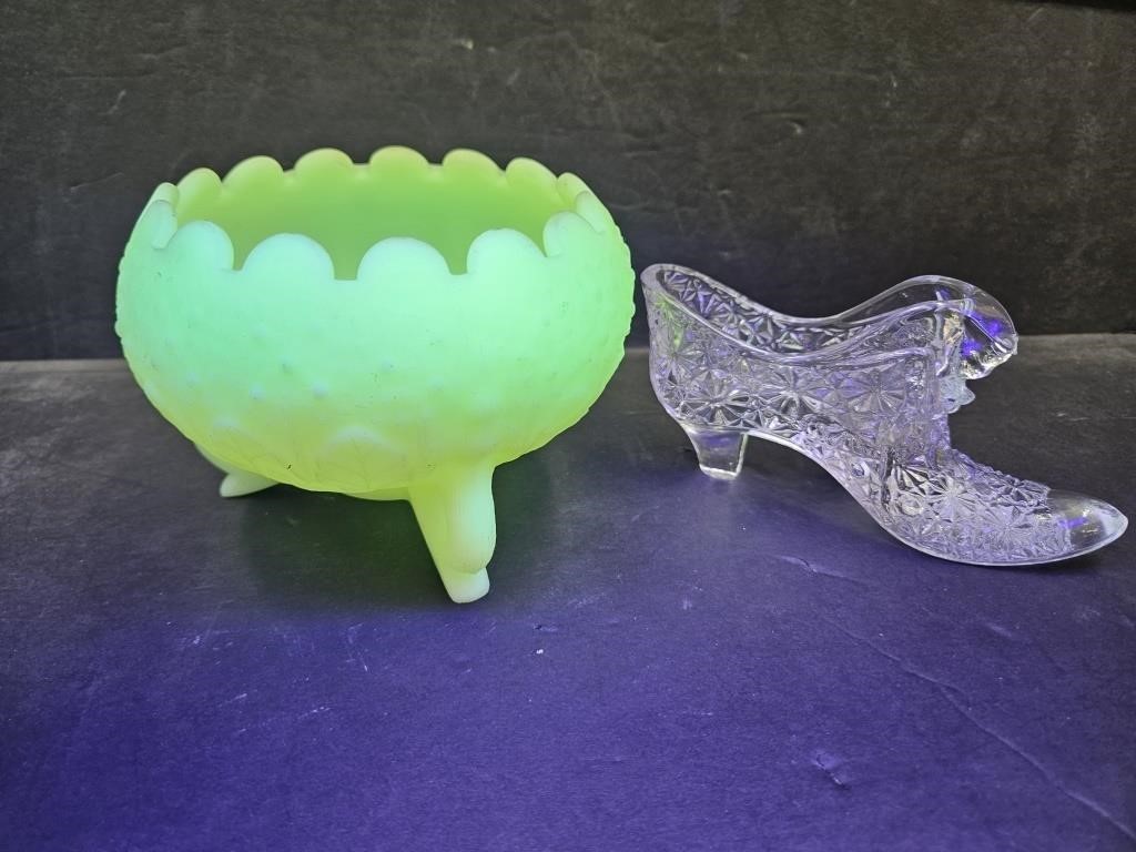 Fenton Uranium Glass Vase & Fenton Shoe