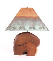 BURL WOOD LAMP W/ PUNCHED COPPER SHADE