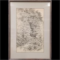 Artist Signed Charcoal Drawing Of Arbor In Woods