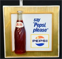 Vintage plastic square Pepsi bottle adv sign