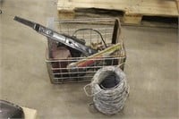 WIRE BASKET WITH ASSORTED ITEMS AND BARB WIRE