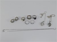 STERLING MARCASITE RINGS, EARRINGS W/ NECKLACES