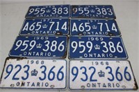 4 Sets of Matching Ontario License Plates, 1968,69