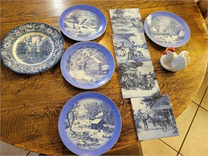 (1) Liberty Blue Plate, (4) Vtg Plates, (4) Tiles