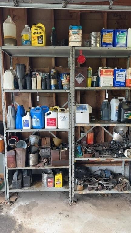 Two Shelves With Contents - Asst. Oil, Funnels