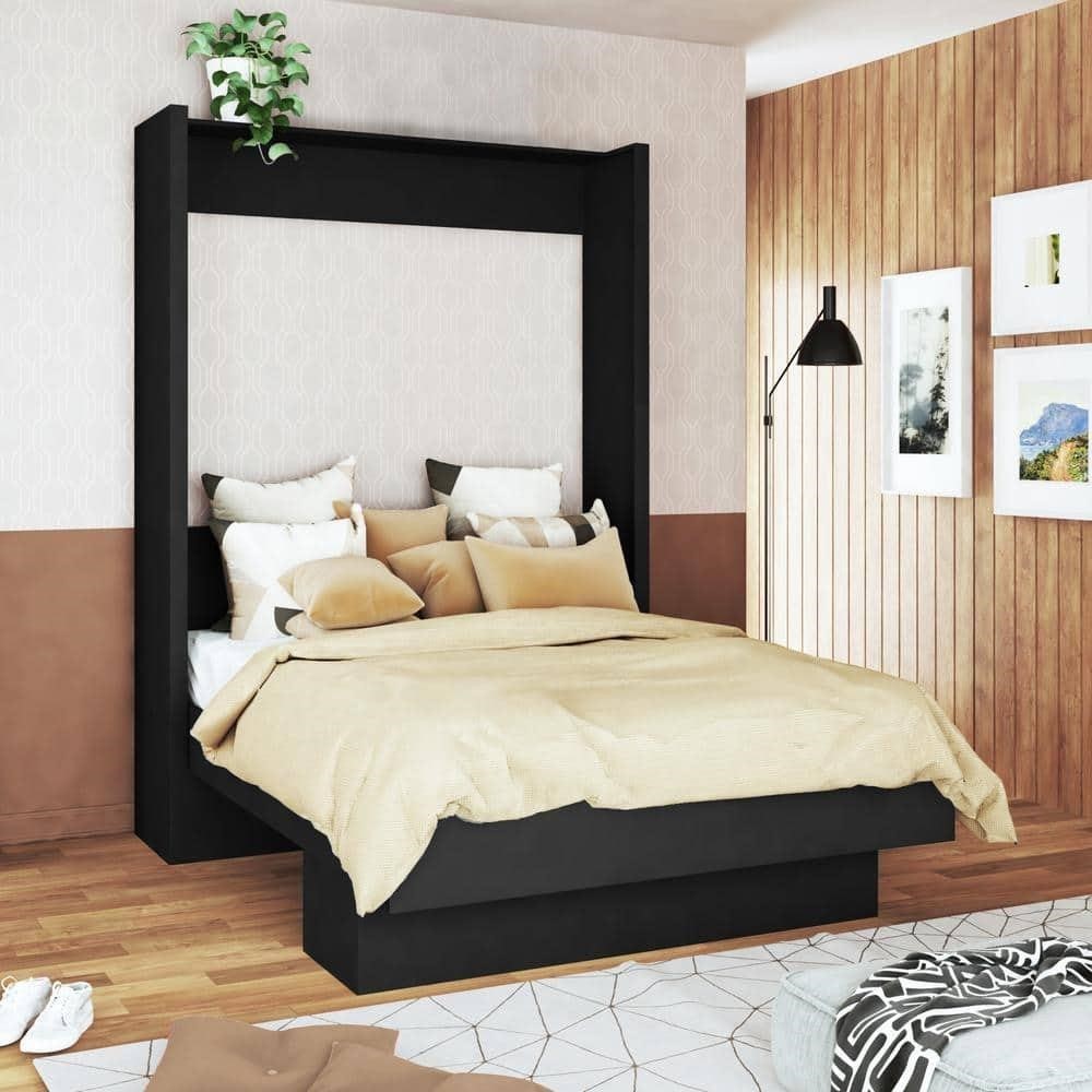Black Wood Queen Murphy Bed with Shelf