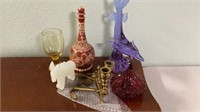 Purple glass dolphin, donkey, red candy dish,