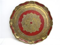 RED & BRASS PAINTED FLORENTINE TRAY STYLE PLATE