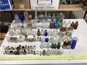 98 vintage small glass bottles, etc. Medicine,