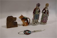 CERAMIC FIGURINES, COW PITCHER, DOG PEN HOLDER