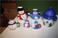 Snowman jar, creamer and sugar, teapot