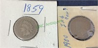 Coins - lot of two Indian head cents, 1859,