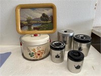 MCM West Bend Metal Canisters & cake holder
