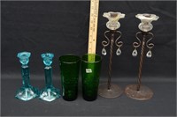 CANDLE HOLDERS, GREEN GLASS
