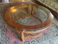 ROUND WOOD COFFEE TABLE - INLAID GLASS TOP -