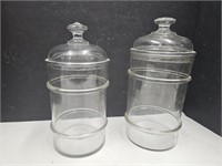 2  Hand Blown Covered Glass Jars 11 -12"h See pics