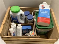 pool or spa chemicals in wood crate