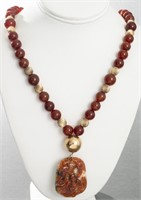 Chinese Carved Jade & Carnelian Pendant Necklace