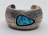 Large Navajo Sterling Silver Turquoise Cuff