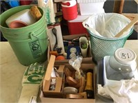 WASTEBASKETS, PLUNGER, GLOVES, BOX OF MISC