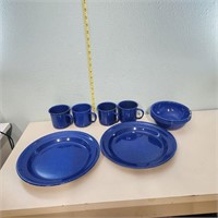Blue Enamel Cups, Plates, Bowl