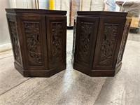 Pair of carved glass top asian end tables storage