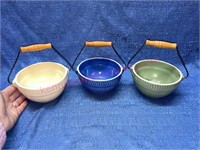 (3) Crock bowls w/ bail handles