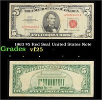 1963 $5 Red Seal United States Note Grades vf+