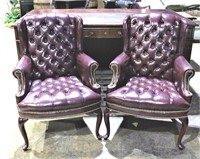 Pair of Wingback Burgundy Chairs w/ Gold Tack