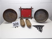 Wooden Shoes, Brass Pan & Sifter, Picture Frame