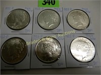 GROUP OF 6 PEACE SILVER DOLLARS