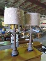 PAIR OF WOOD CARVED LAMPS W/SHADES