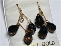 14KT Gold Smokey Quartz & Wht Sapphire Earrings