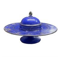 Silver Cobalt Blue Glass serving dish pedestal