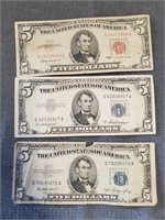 P729- (3) Red Seal $5 Notes 1963 & (2) 1953