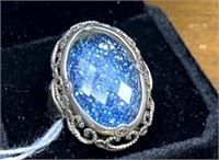 SILVER INLAYED 4CT BLUE DRUZY CRYSTAL RING