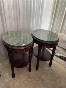 PAIR OF GREEN MARBLE TOP END TABLES