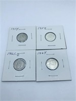 (4) ROOSEVELT DIMES 1958, 1959, 1961-D, 1964