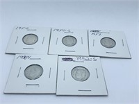 (5) ROOSEVELT DIMES 1950, 1950-S, 1952, 1952-S,